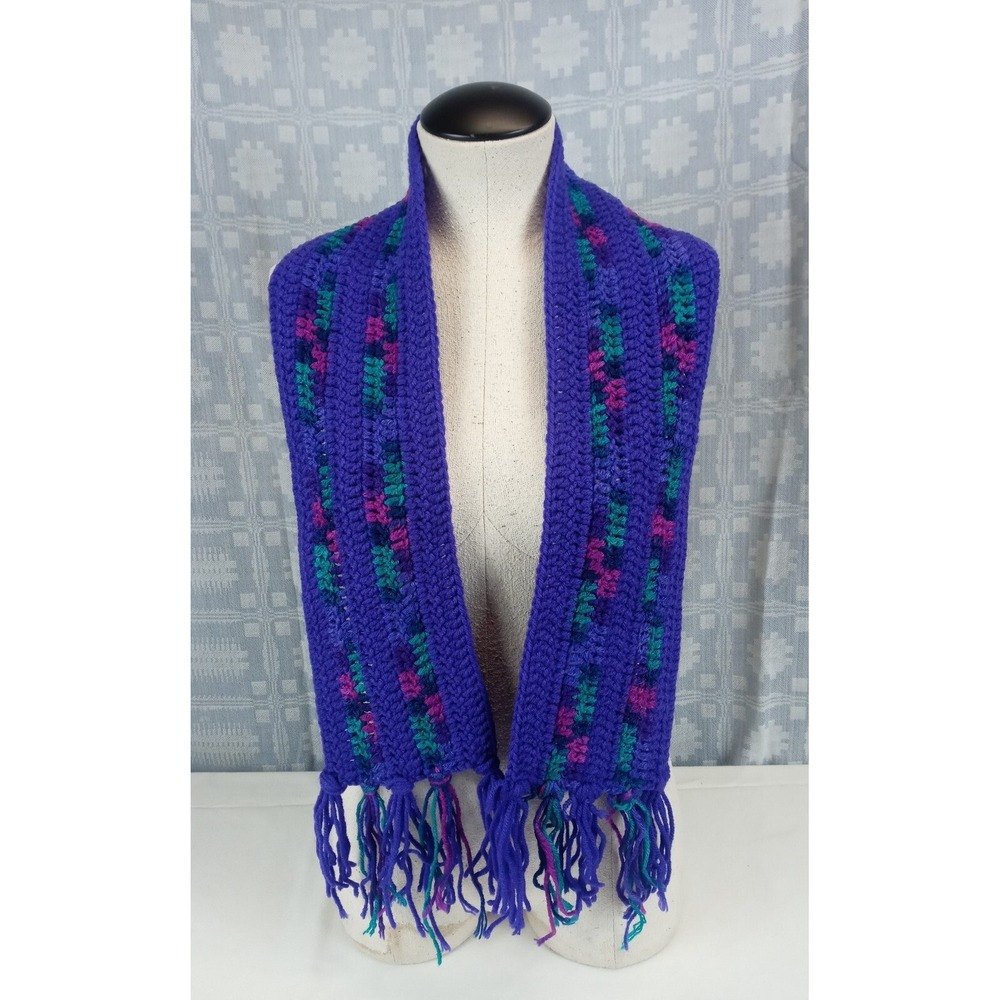 VTG Hand Knit Purple Scarf Crochet Knit Bright Purple Scarf Cozy Warm Fashion‎